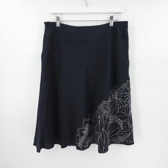 Flared Skirt Large Blue Floral Embroidery Ramie-Blend Modest Breezy - Picture 5 of 12